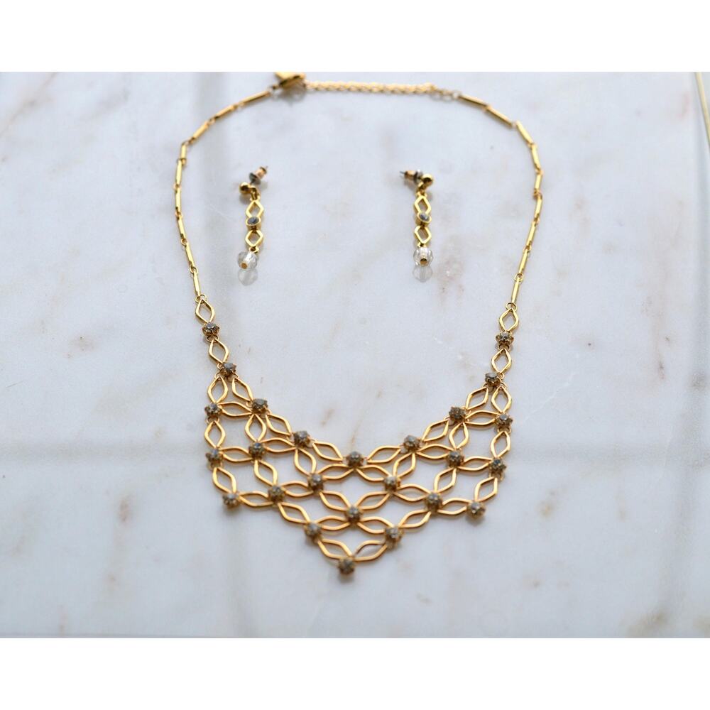 1928 Jewelry Gold Tone Rhinestone Necklace & Earring Set • Victorian Revival